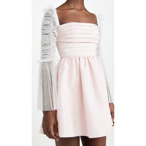 Self Portrait Pink Dress White Sheer Arms Ruffle Polka Dot Pockets Pleated 2